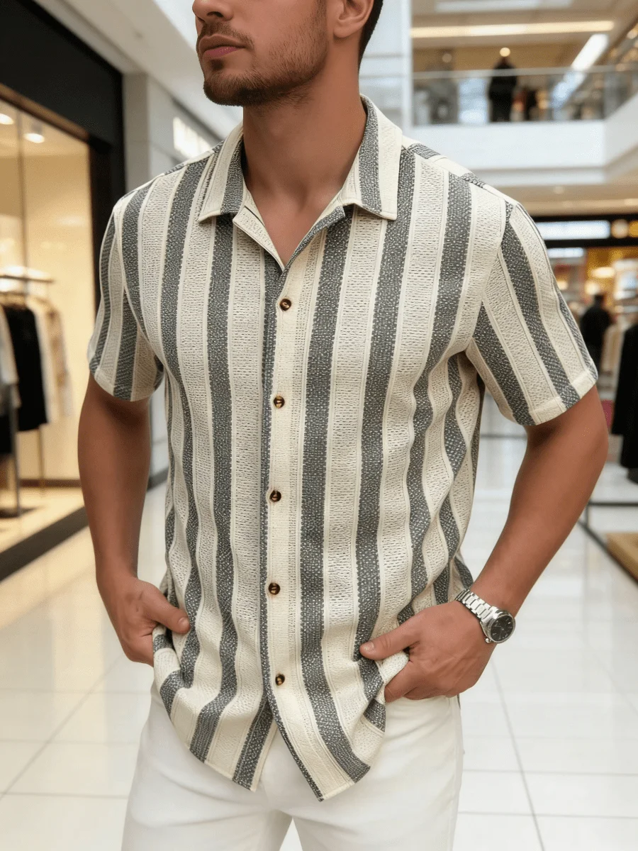 

Mens Striped Casual Short Sleeve Shirt Breathable Cotton Blend For Travel And Daily Wear