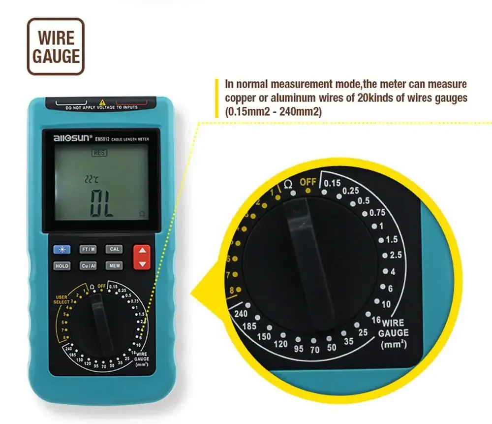 Allosun EM5812 compteur de longueur de câble testeur de résistance de câble numérique 30KM/ 100000 Testeur de longueur de câble métallique de pied