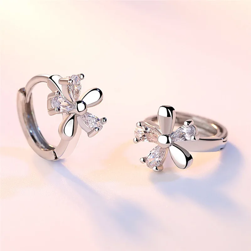 Cute CZ Flower Earrings Fine 925 Sterling Silver with AAA Cubic Zircon Stone Inlay Paved Hoop Loop Jewelry for Women