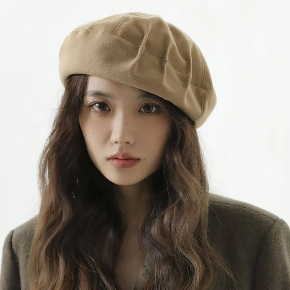 

French Style Wool Beret Hat Pleated Designs Solid Color Comfortable Fashionable Beret for Women