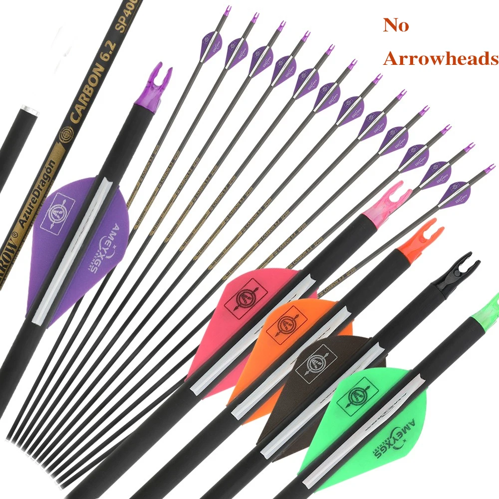 

Archery Pure Carbon Arrows 30Inch 2" Vanes No Arrowheads Recurve Compound Bow Shooting Hunting Spine 400/500/600/ID6.2mm 6/12pcs
