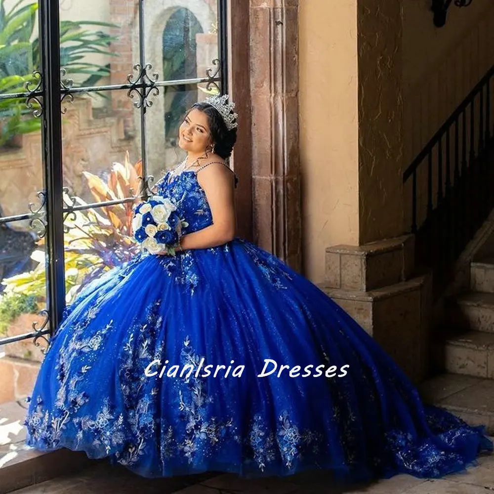 Azul real 3d flores cristal mexicano quinceanera vestido de baile fora do ombro apliques rendas espartilho vestido xv anos