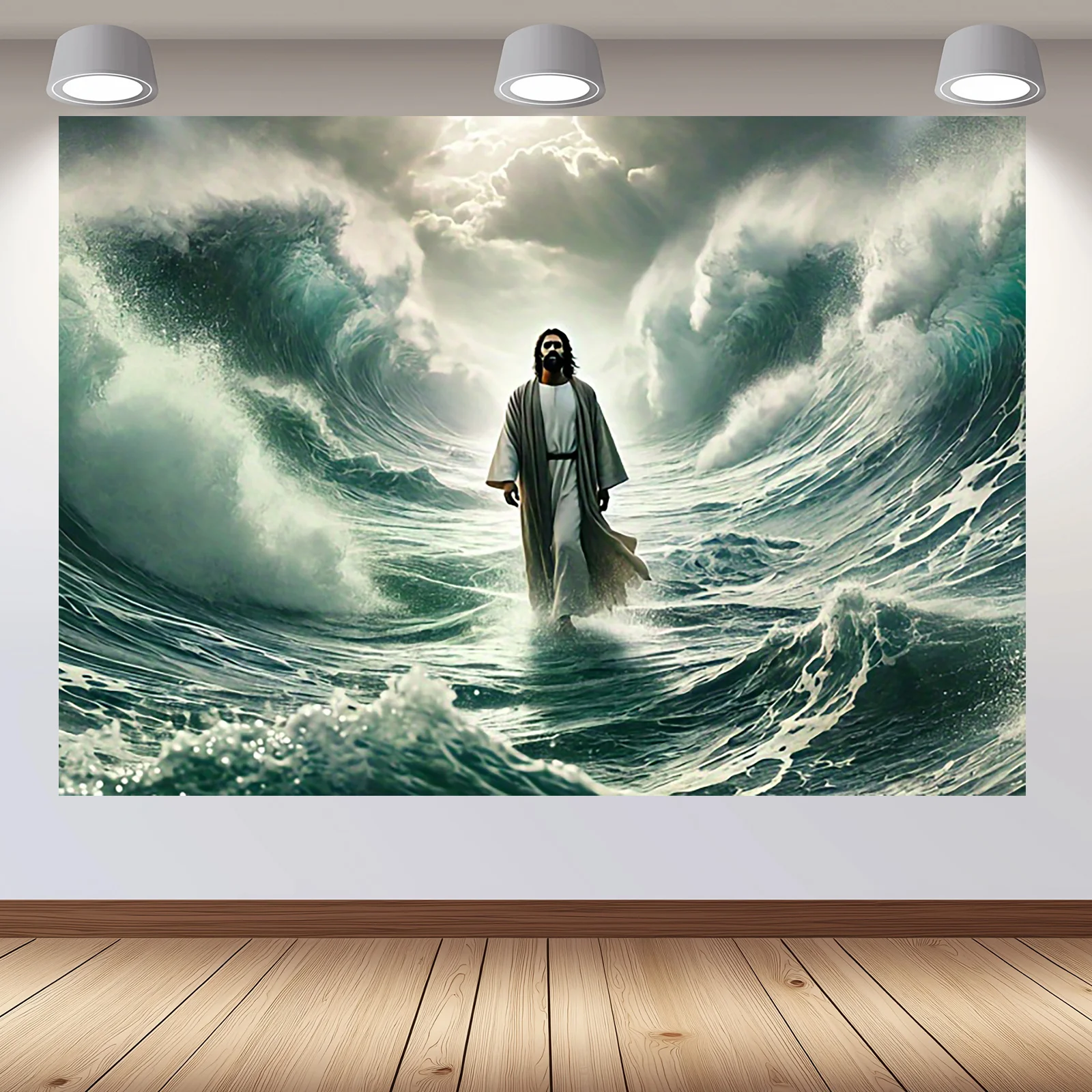 1 szt. Obraz na ścianę przedstawiający Jezusa chodzącego po wodzie, scena religijna, nie wymaga elektryczności, uniwersalna dekoracja kościelna