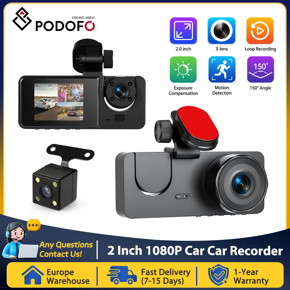 PODOFO 2 Inch 1080P Dash Cam Triple Lens Motion Detection Loop Recording