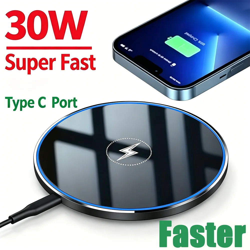 Carregador Sem Fio de 30W para iPhone 14 15 16 17 Pro Xs Max Mini X Xr, Base de Carregamento Rápido por Indução para Samsung S25 S26 S8 S9 S10 Note