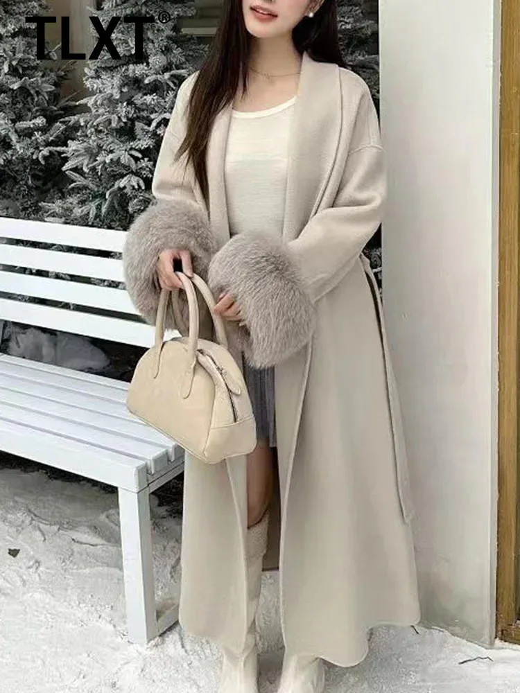 

TLXT Fashion Women's Double-Sided Woolen Coat Lapel Lace-up Design Long Sleeve Mid-length Coats Female Winter 2025 New XK1726