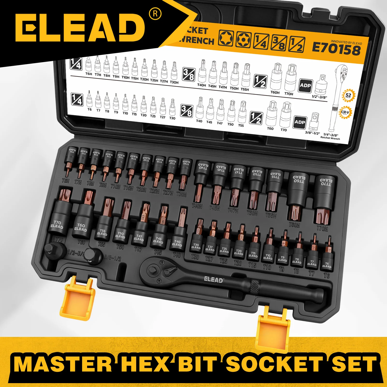 ELEAD 37-Piece Premium Torx Bit Socket Set (T6–T70/T6H–T70H) — CR-V & S2 Steel, High-Torque Ratchet, 1/4