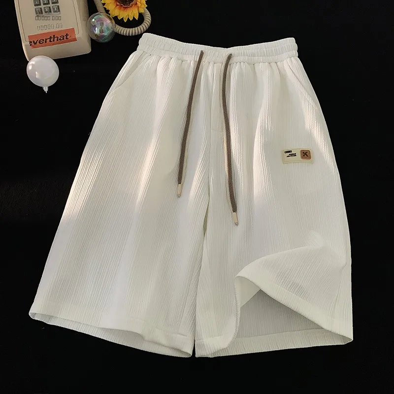 

Мужские спортивные брюки из ледяного шелка с жатой текстурой, тонкие, летние, свободного прямого кроя, белые, повседневные, свободного силуэта, длиной до колена