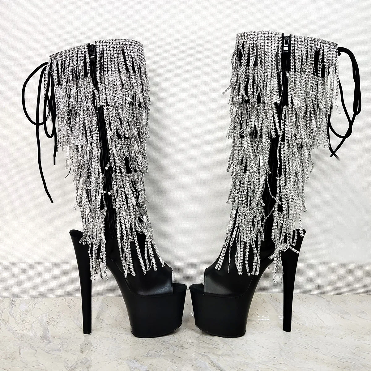 Exotic Pole Dance Mid-Calf 17cm Stripper Heels Rhinestone Crossdresser Gothic Peep Toe Thigh High Boots Sexy Fetish Nightclub