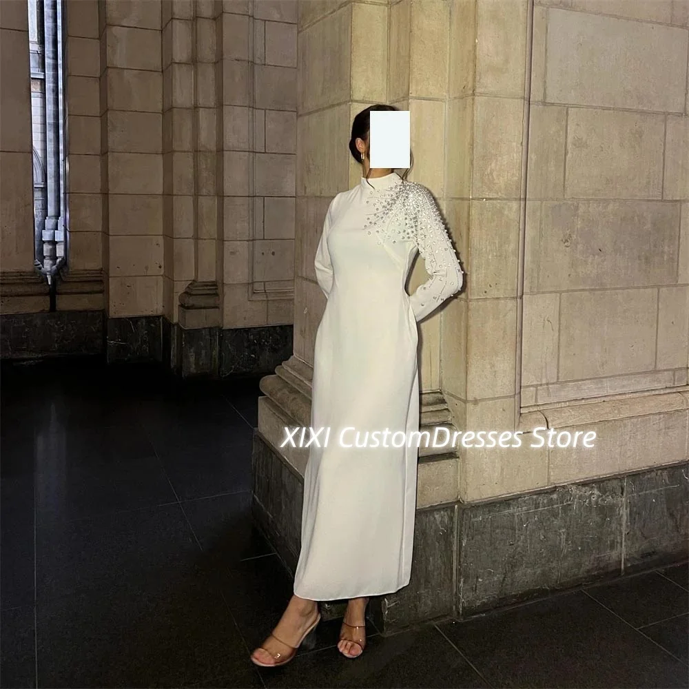 Customized Dubai Luxury فساتين سهرة Scoop Neckline Ankle-Length Beadings Formal Occasion Dresses Zipper Up Long Sleeves Prom Dre
