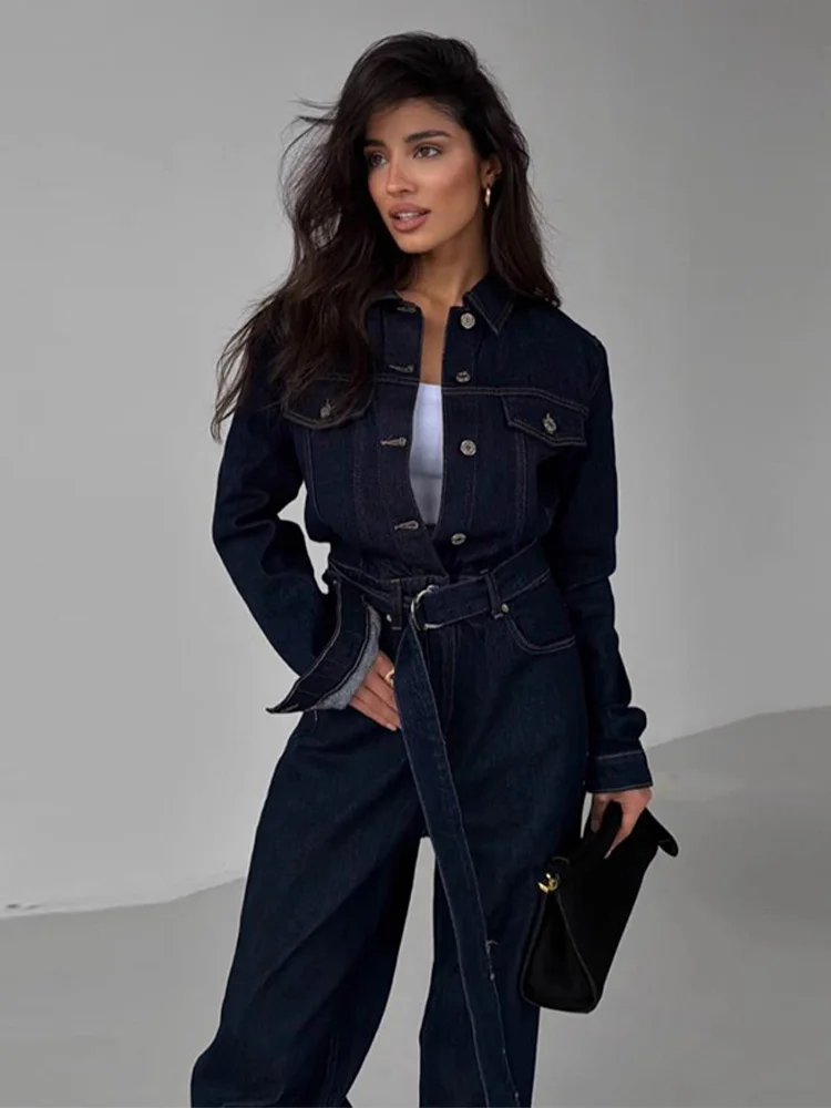 

Vintage Women One-piece Denim Romper Chic Belt Lapel Single Breasted Long Sleeve Pockets Wide Leg Pant Casual Streetwear