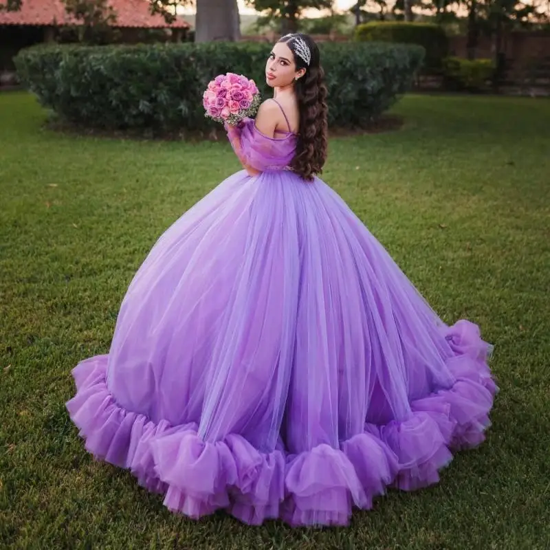 Personalizado brilhante roxo lilás quinceanera vestido de baile apliques suspensórios miçangas babados doce 16 vestido de 15 anos