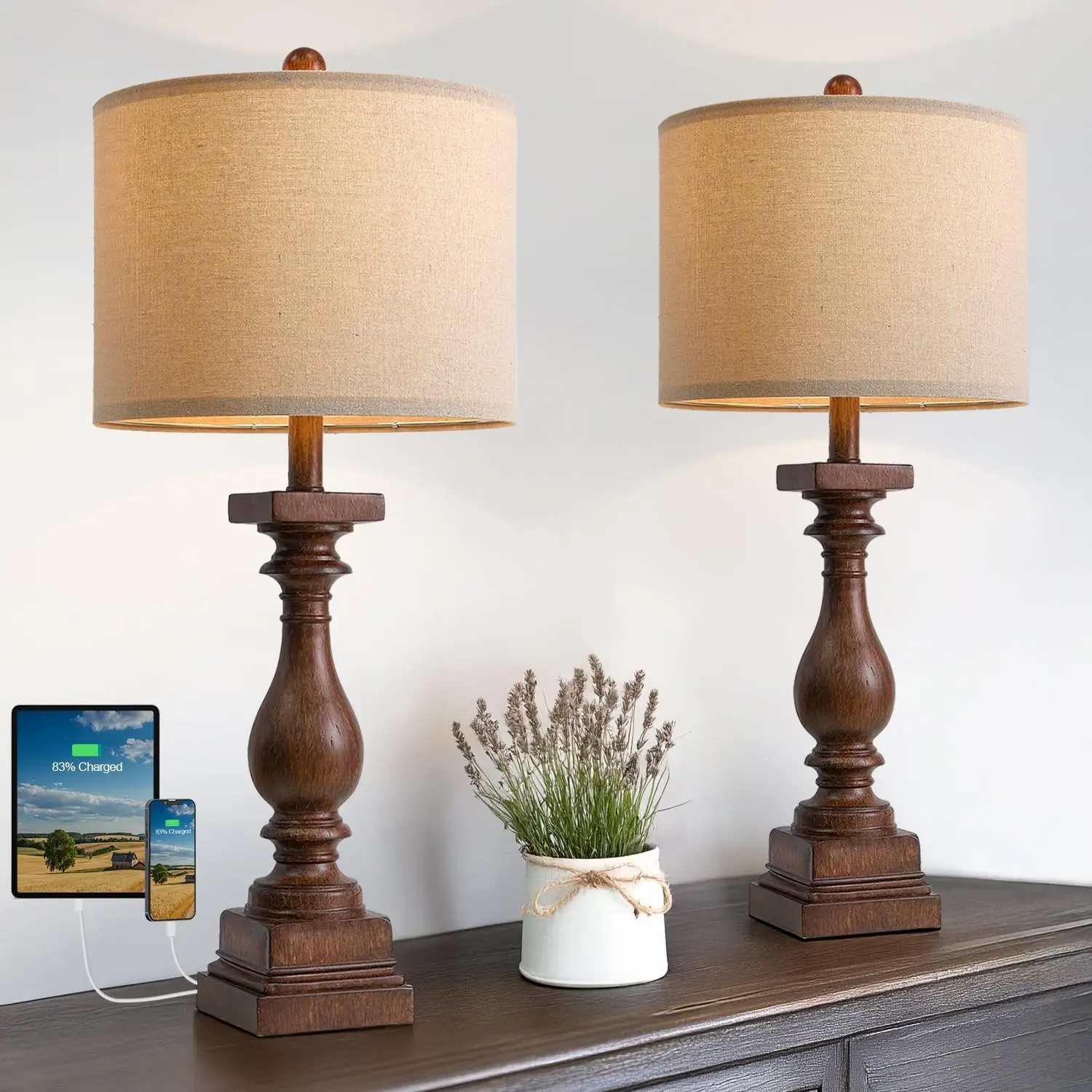 

BOBOMOMO 27" Farmhouse Living Room Lamps with USB-A +C Ports, Vintage Rustic Bedside Night Stand Lamps Set of 2, Linen Shade, Re