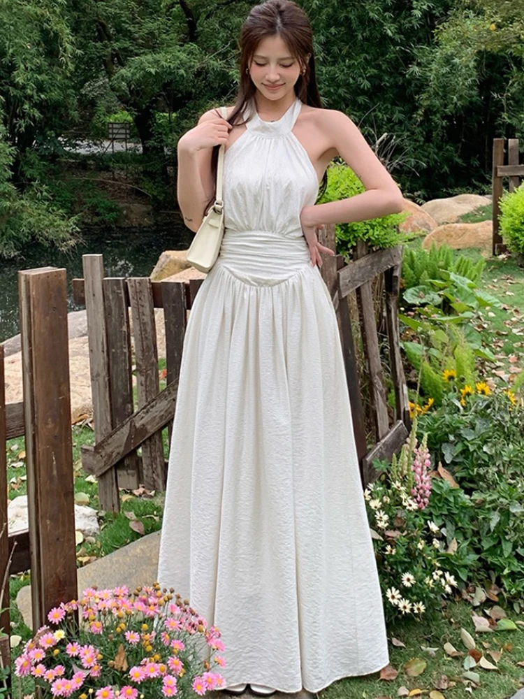 Women Fashion Striped Backless Bow Neck-mounted Dress Summer Elegant Casual Holiday Dress 2026 Korean Vintage Luxury Party Dress