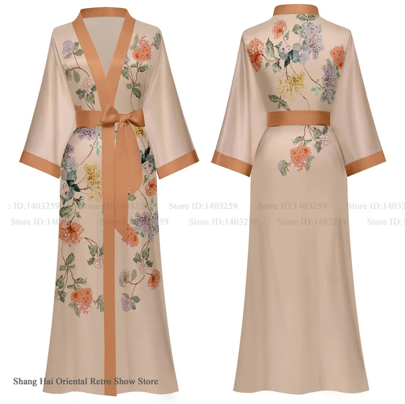 Plus size feminino longo robe impressão floral kimono roupão de banho sexy seda gelo sleepwear camisola solta casual casa vestido loungewear