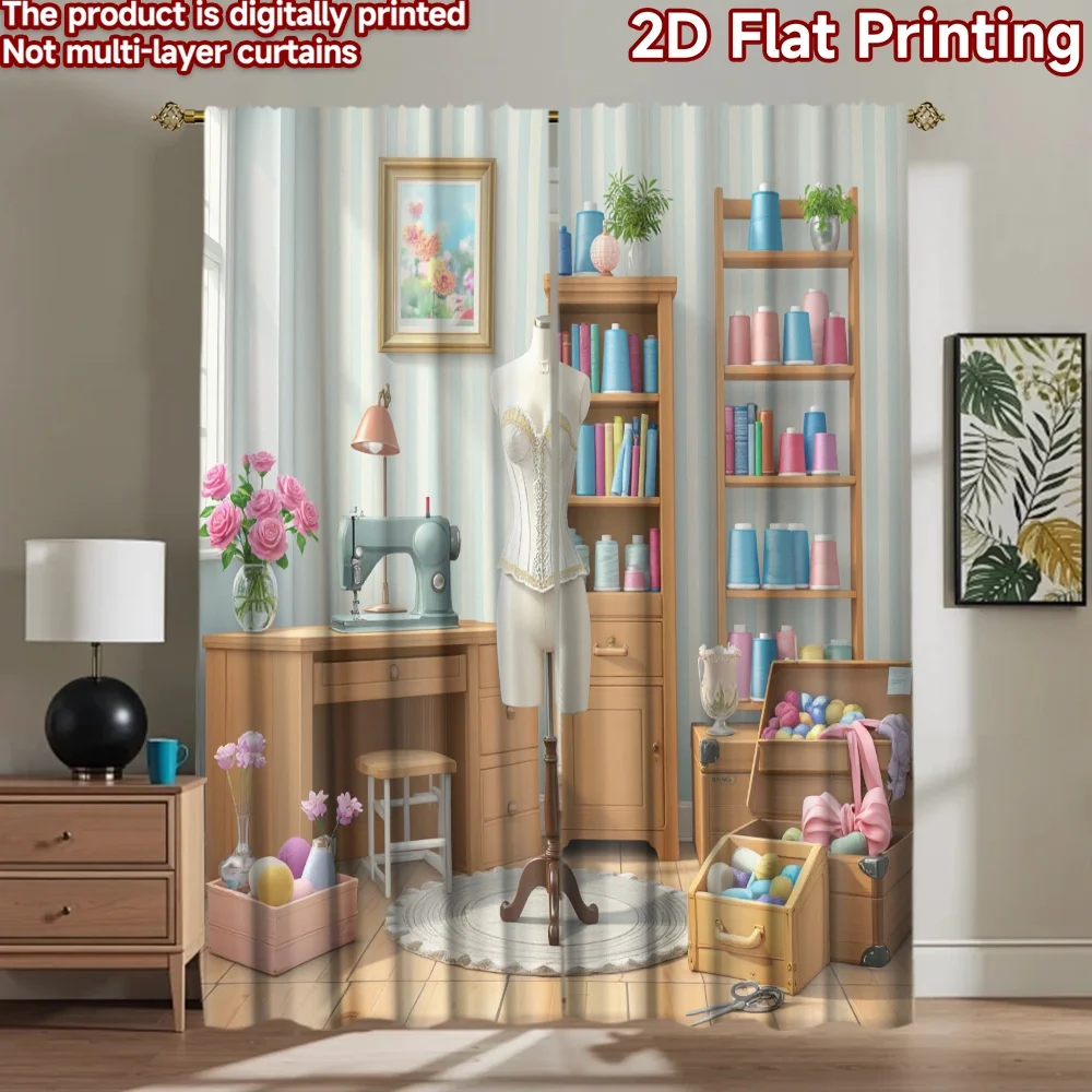 2D flat 2pcs Curtain Modern Minimalist Style Pastel Sewing Studio Durable polyester fiber Party Decorations Use for Home Wall