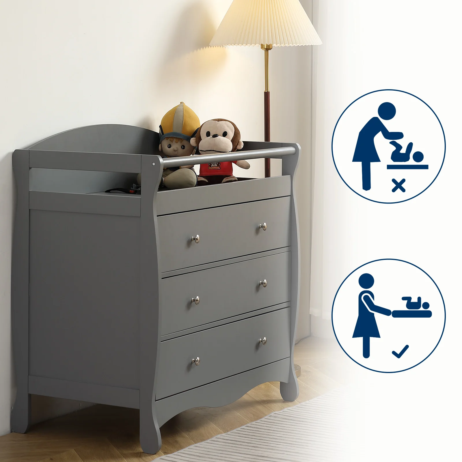 

Three layers of drawers, gray, painted MDF 90.5 * 58 * 92cm children's wooden bed, with seat belt, diaper changing table, baby