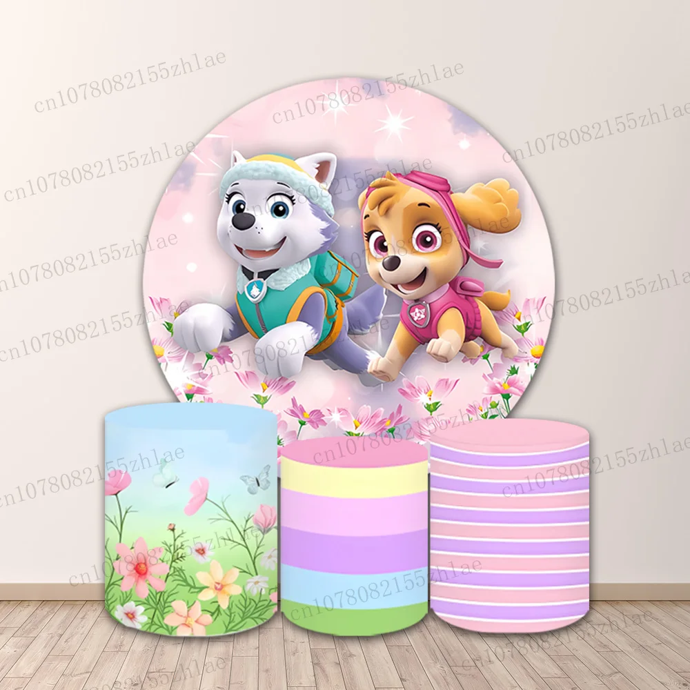 

Paw Patrol Baby Shower Photo Backdrop Birthday Party Photography Backdrop Round&Cylinders Plinth Covers Decoration