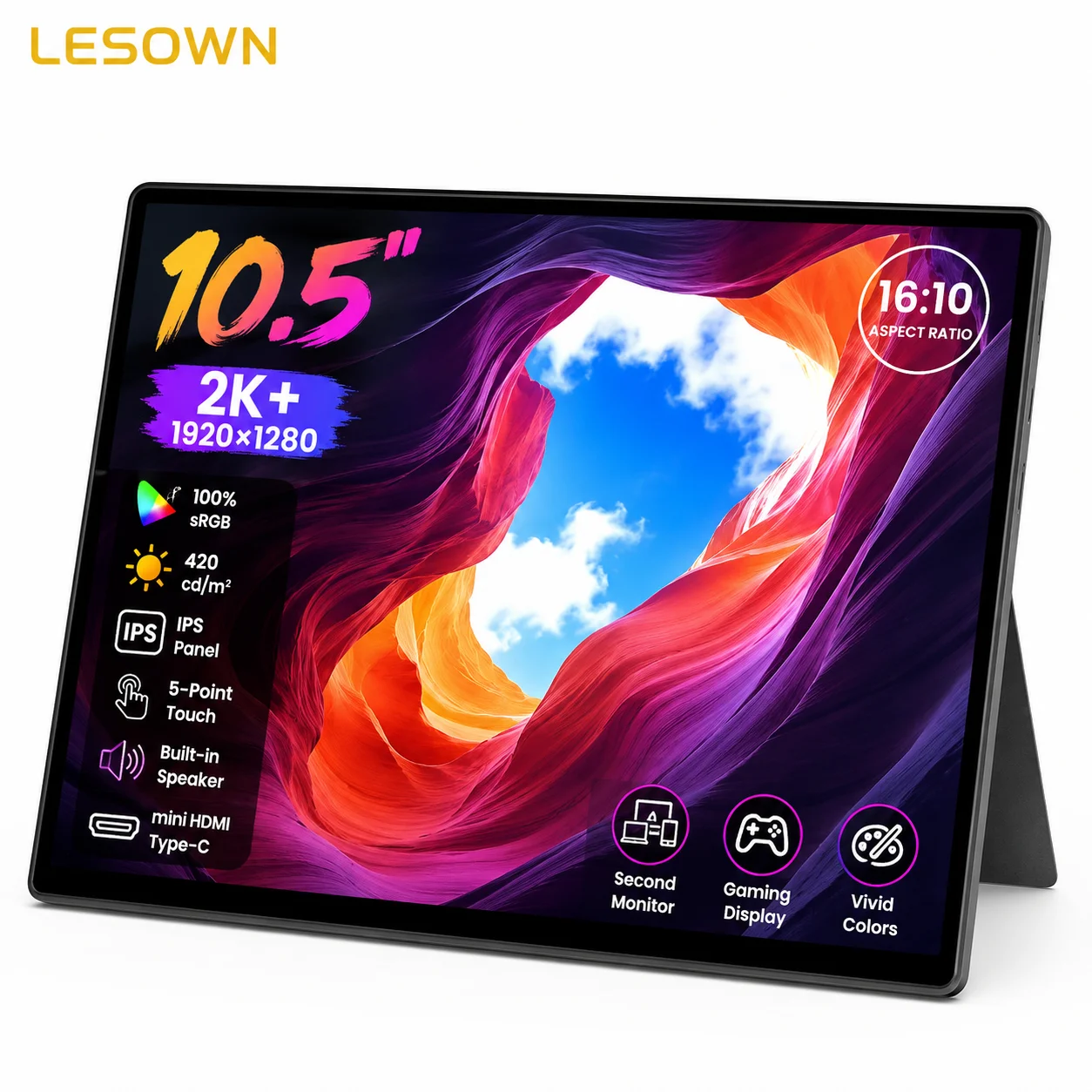 LESOWN 10.5 Inch Touch Monitor 2K Resolution Driverless Laptop Screen Extender for Steam Deck