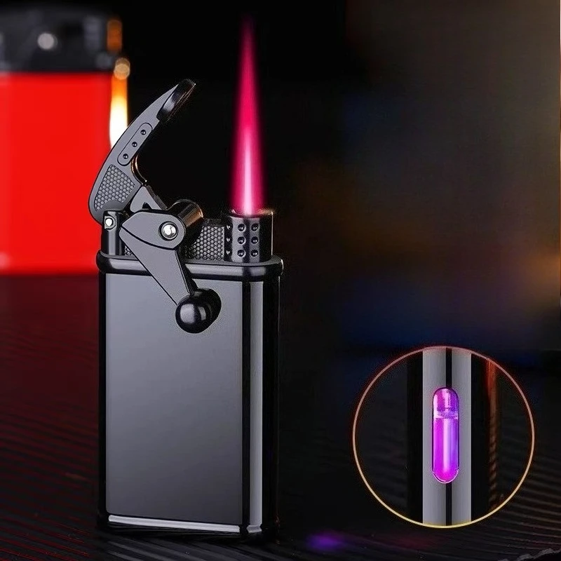 

Metal Rocker Arm Inflatable Lighter with Transparent Gas Window Windproof Red Flame Torch Lighter Smoking Accessories Gadgets