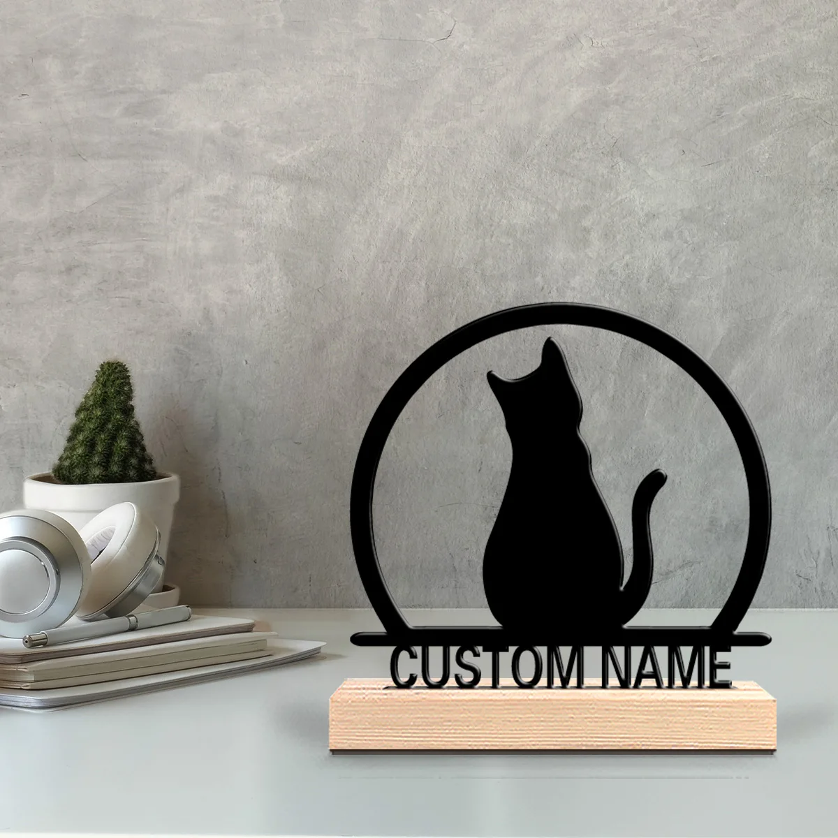1pc Fun Personalized Custom cat Metal Statues With Wooden Base Tabletop Decoration Pet Memorial Gift with Wooden Base, Uncharged
