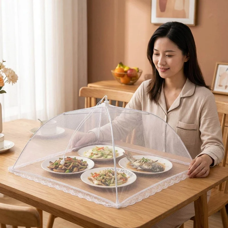 Large Pop Up White Mesh Food Cover Tent Foldable Washable Breathable Anti Mosquito Umbrella Style Kitchen Accessory For Picnic B
