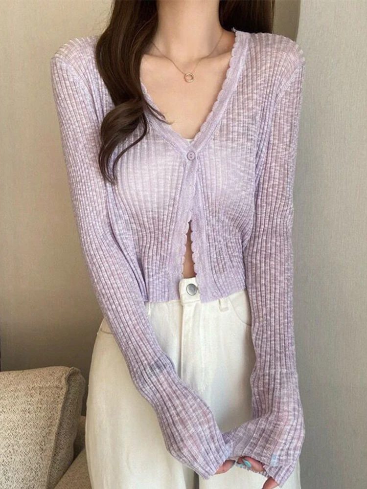 Thin Knitted Cardigans Women Summer V-Neck Long Sleeve Soft Transparent Sunscreen Outwear Female Korean Style Casual Crop Tops