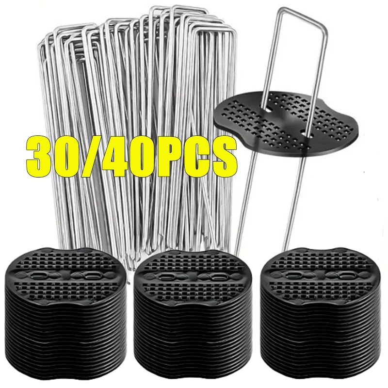 

30/40PCS Garden Pegs U-shaped Ground Pegs Heavy Duty Metal Pins Spikes Ground Staple with Buffer Washers for Securing Weed