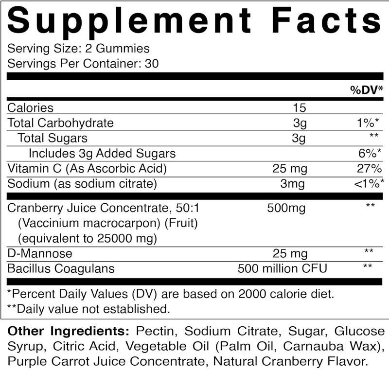 Vitamin vegetarian cranberry gummies, probiotics, D-mannose, and 60 capsules of vitamin C for healthy urinary tract function