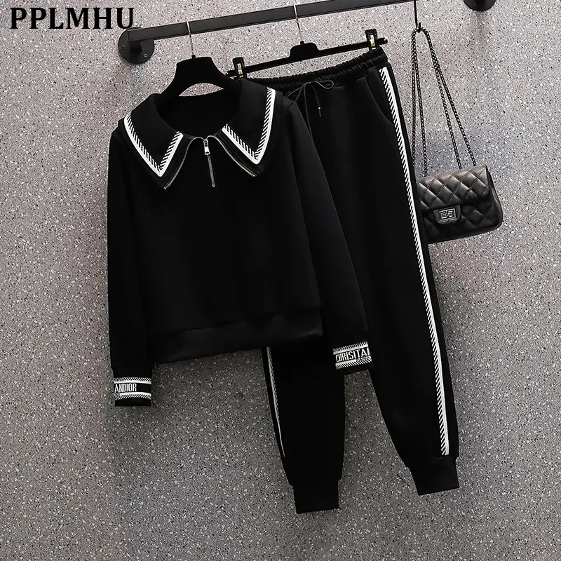 Conjunto de 2 piezas de chándal para mujer, sudadera con solapa coreana y pantalón largo hasta el tobillo, talla grande 4xl, primavera 2023