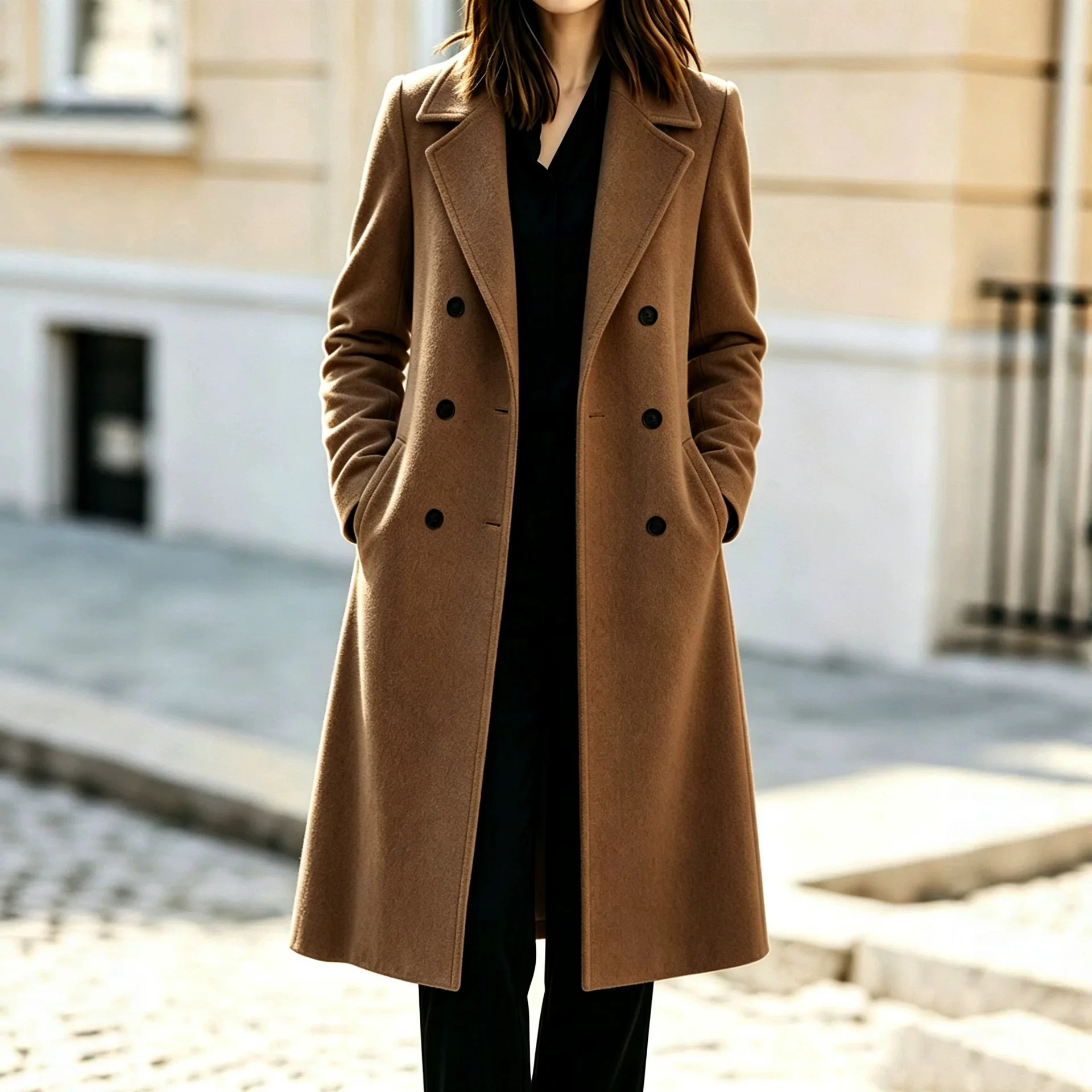 Autumn. And Winter Double-breasted Long Coat, Simple. Lady Cloth Style With A Suit Necklace Elegant And Slim-fitting Wool Coat