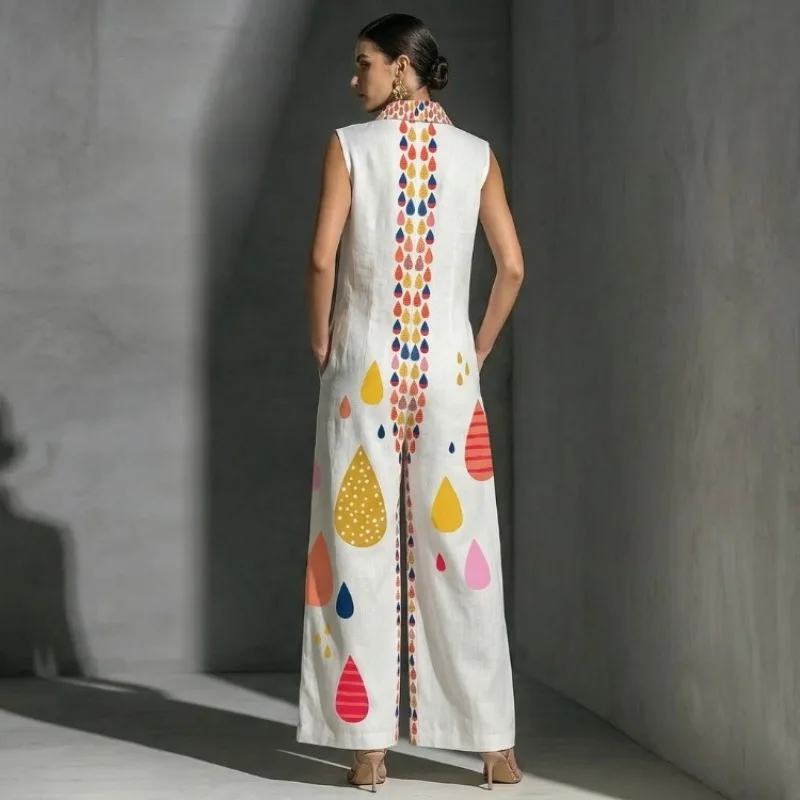 UOOZEE 2026 New Women Summer Bohemian Colorful Printed Zipper Wide Leg Jumpsuits Sleeveless Loose Casual Vacation Lapel Outfits