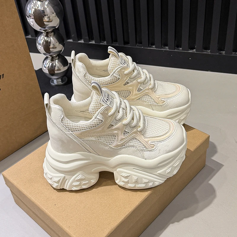 

10CM Dad Shoes Women's 2026 New Versatile Summer Mesh Breathable Heightening White Sneakers Thick Bottom Casual Sports Shoes