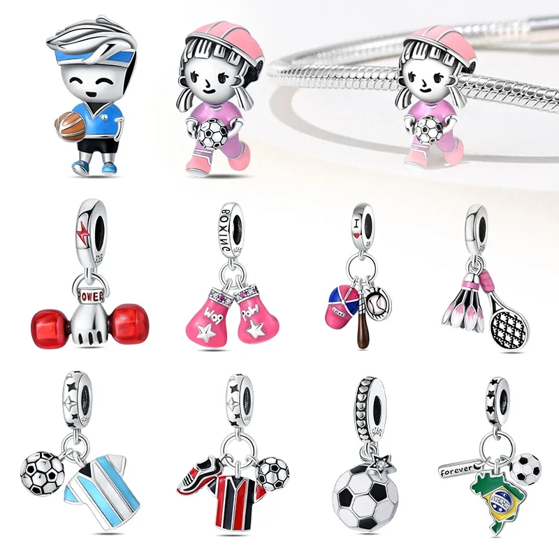 925 Sterling Silver Brazilian Football Nameplate Charm Beads Fit Original Bracelet for Women Football Game Fine Jewelry Making