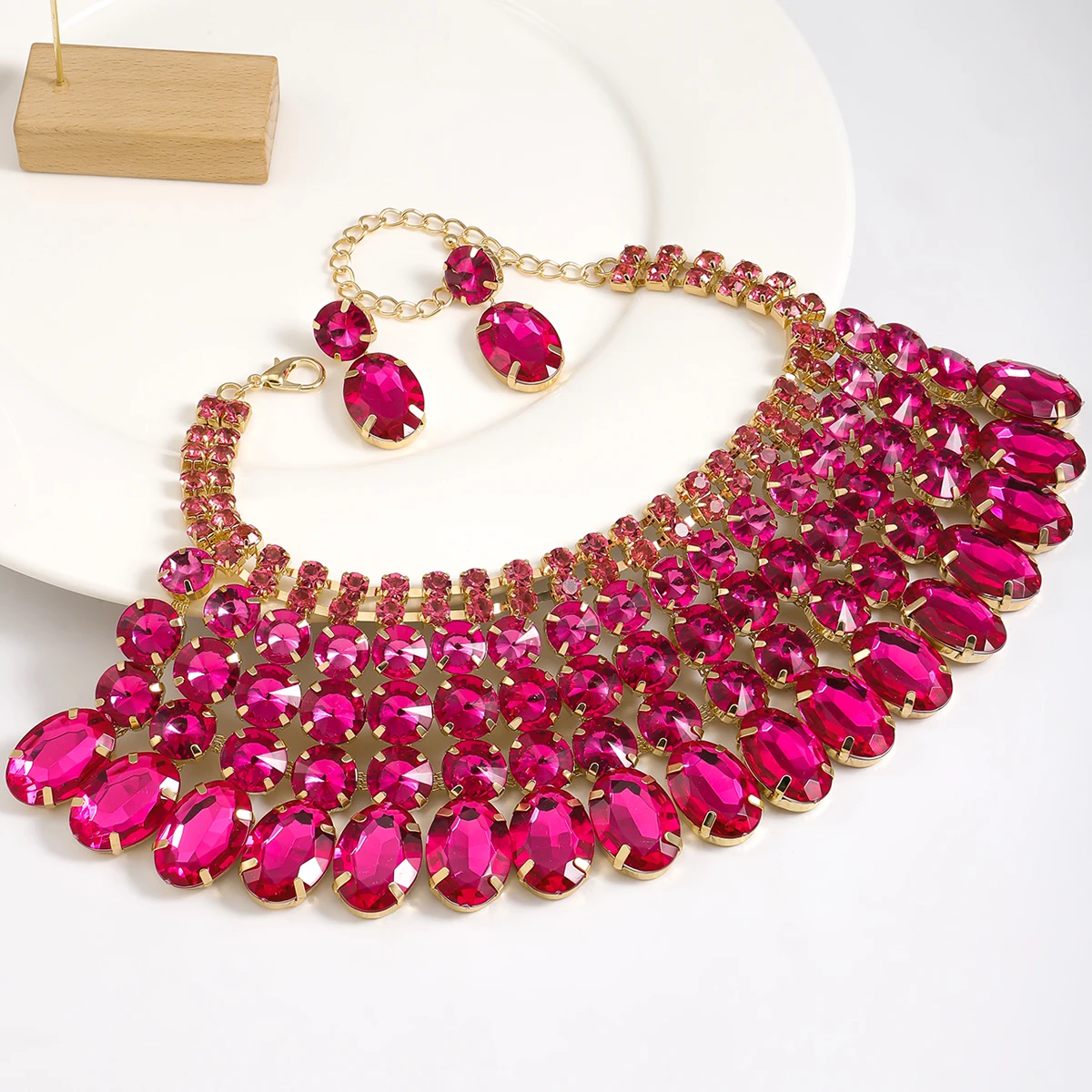 Best Lady 3 Pc Luxurious Exaggerated Style Full of Rhinestone Necklace Earrings Set For Birthday Parties Multiple Color Options