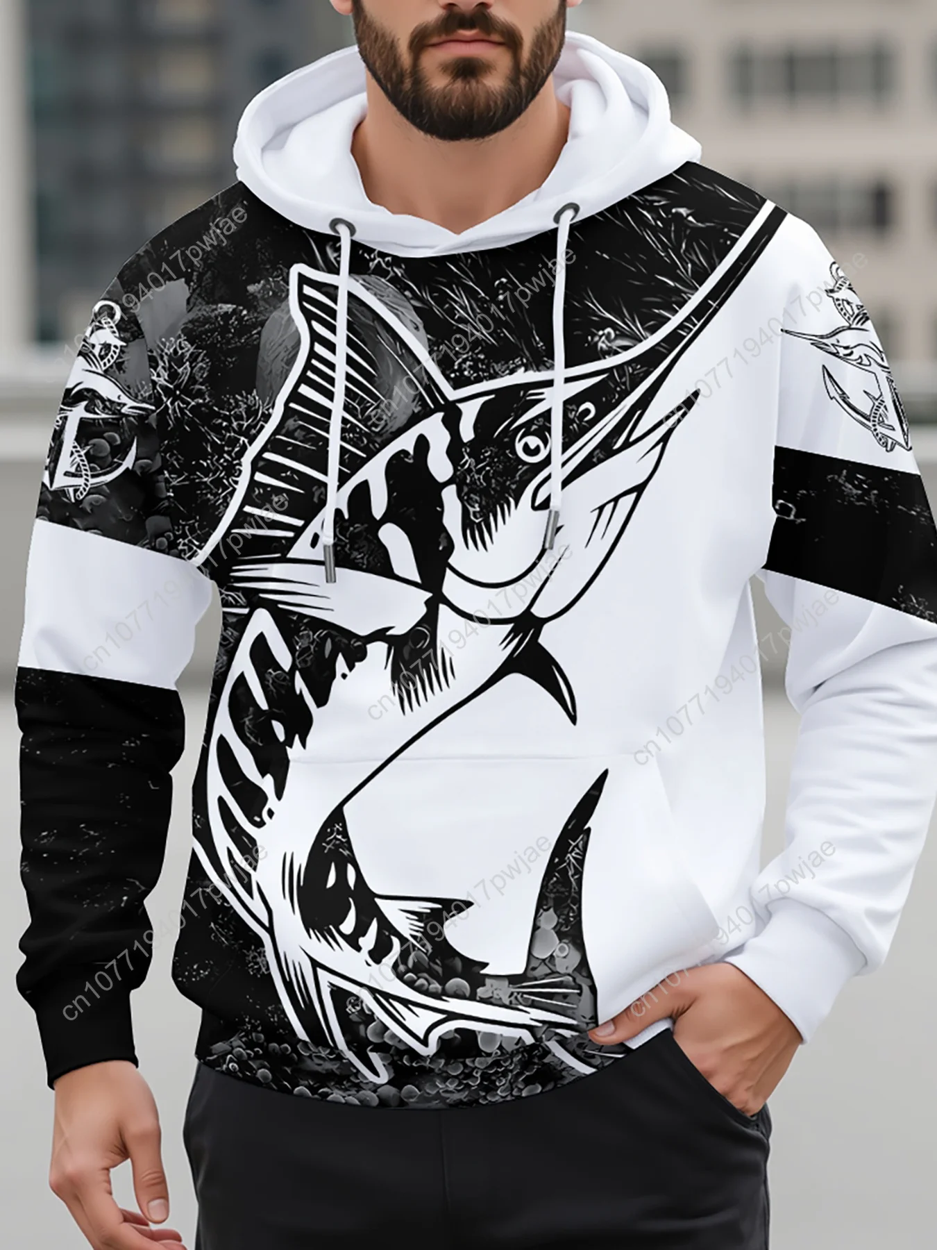 Men's Full-Body 3D Fish Print Hooded Sweatshirt - All-Over Fishing Theme with Pike & Trout Patterns, Long Sleeve Casual Jacket f