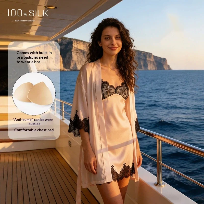 

Комплект женской пижамы из 100% шелка тутового шелкопряда 19 момме: однотонный сексуальный халат, ночная сорочка, кружевное белье, летнее повседневное кимоно, домашняя одежда