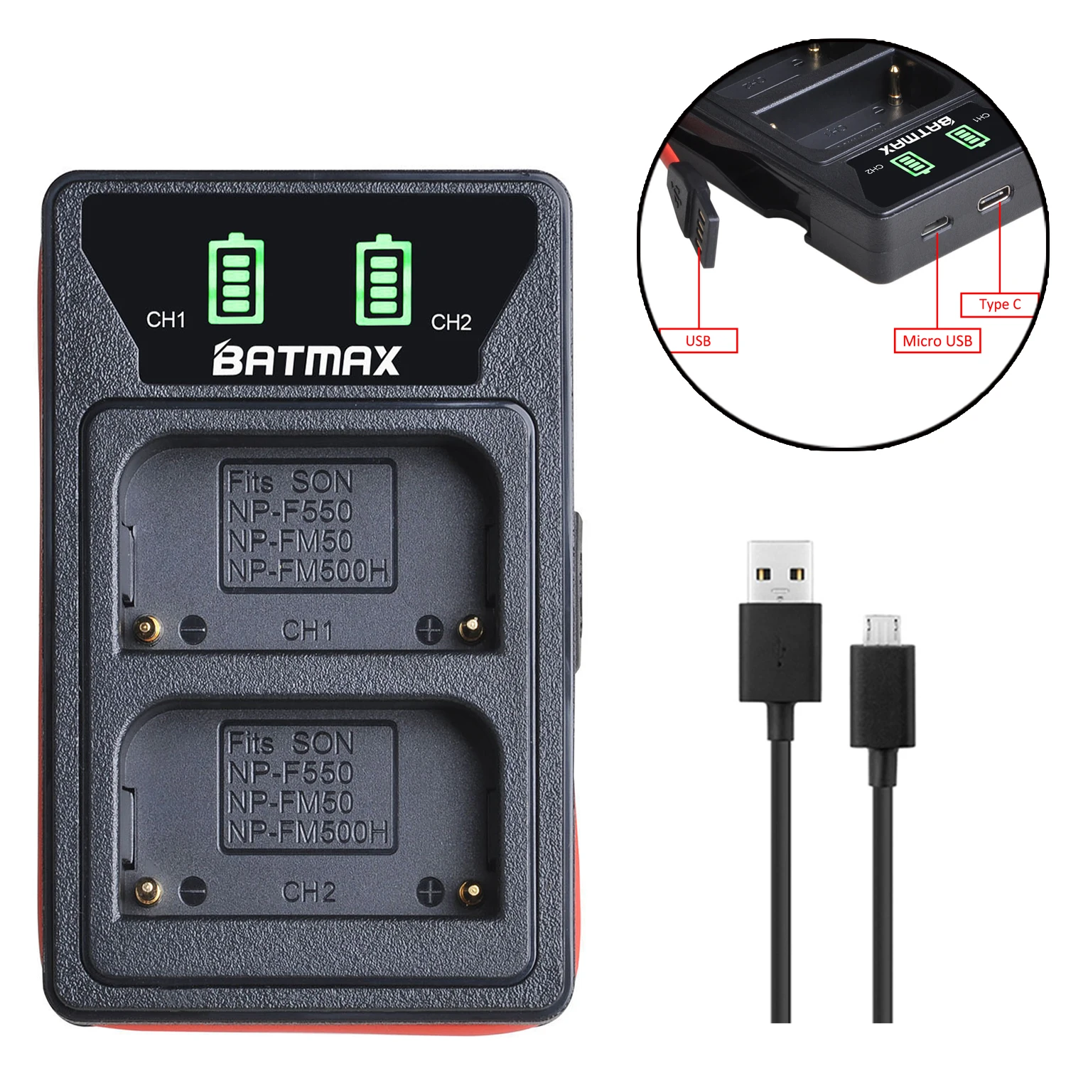 Batmax NP-FM500H fm500h Akumulator + podwójna ładowarka LED USB z portem typu C do Sony A57 A58 A65 A77 A99 A550 A560 A580 A350 A500