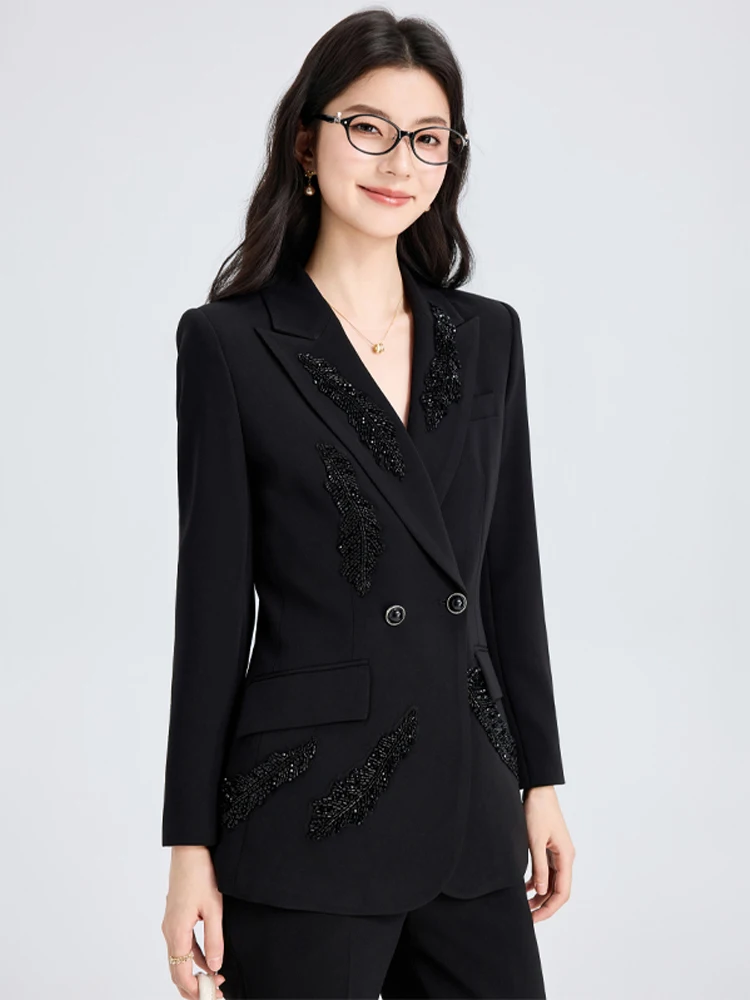 Luxury Beading blazer 2 Piece set Women's 2026 Autumn Large size Black Double breasted jacket Slim and flare pants INKEO 6O014