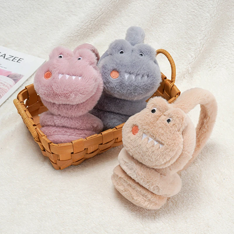 Детские зимние аксессуары, теплые наушники для мальчиков и девочек, милый динозавр, оранжевый плюшевый чехол для ушей, наушники