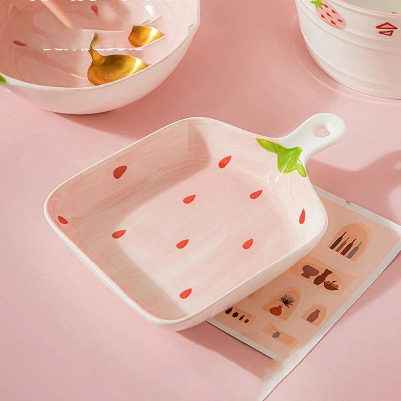 Cute Ceramics Baking Plates Underglaze Colored Breakfast Bread Plate with Handle Ins Household Oven Special Tablewares