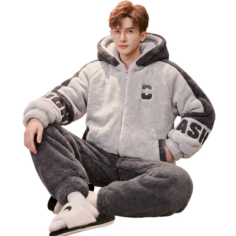 Autumn and Winter Hooded Lounge Men's Pajamas Thickened and Velvet Coral Velvet Teen College Students Men's Styles Underwear