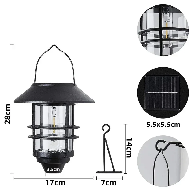 Luzes solares LED ao ar livre, lanterna retro, lâmpada de parede suspensa, metal vintage impermeável, luzes do jardim, Villa Porch, lâmpada de tungstênio