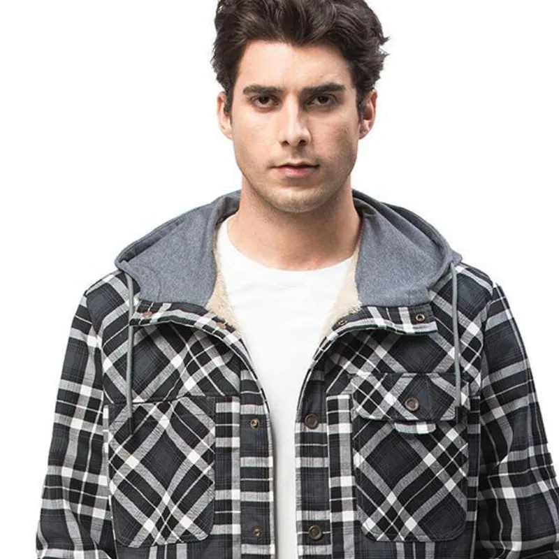 Men's Hoodies Shirt for Autumn Winter Thick Plaid Plus Velvet Hooded Jacket Casual Keep Warm Outwear Men Coats Large Size MY627