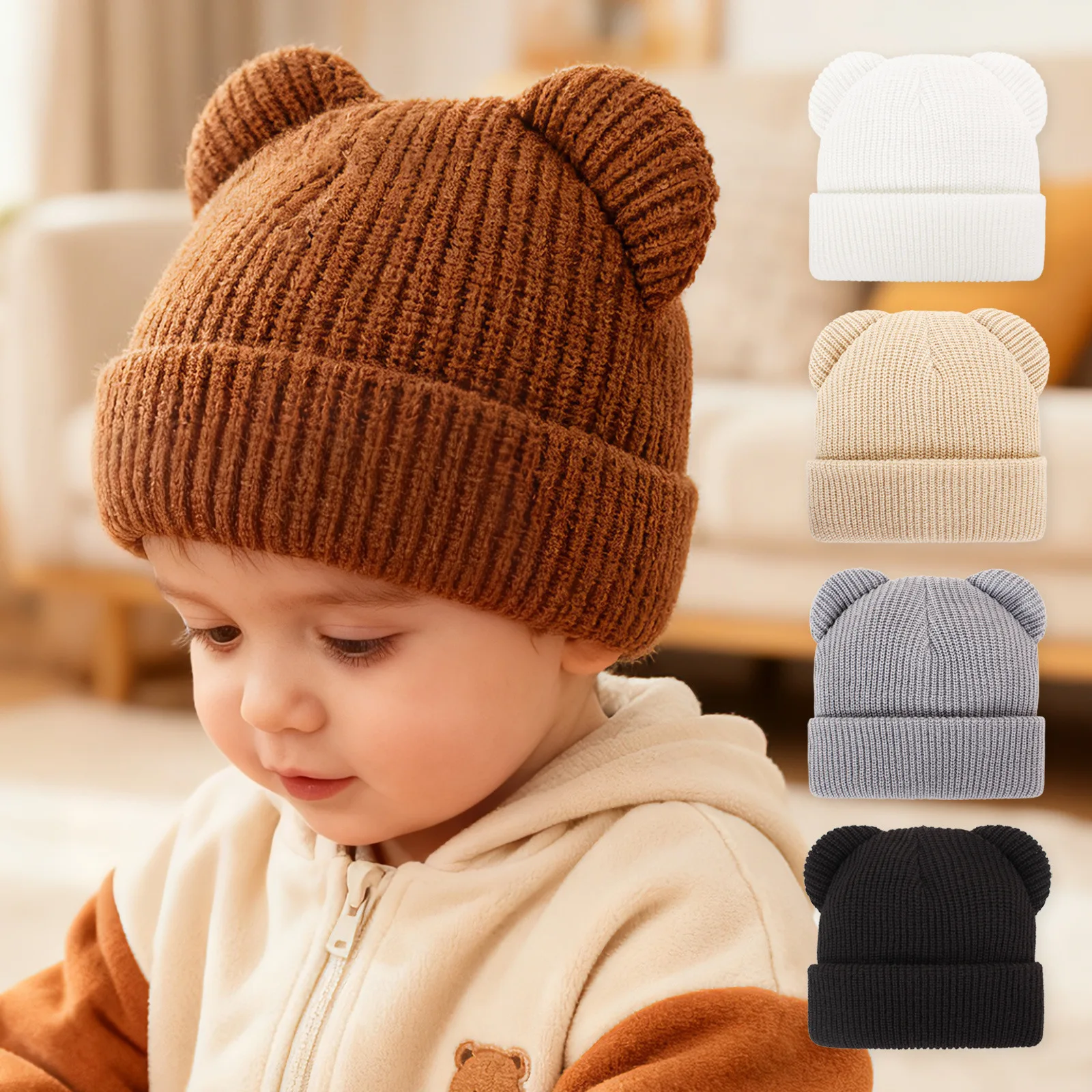

Infant Baby Hat Winter Solid Color Cute Bear Ear Stretchy Windproof Knitted Beanie Kids 0-8Y Warm Headwear Outdoor Accessory