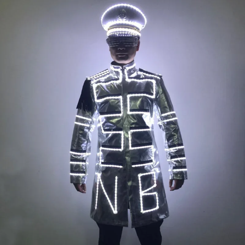 Adult Light Up Clothing Robot LED Costume Silver Jacket Nightclub Party Rave Outfit Dance Clothes Circus Show Stage Wear Men