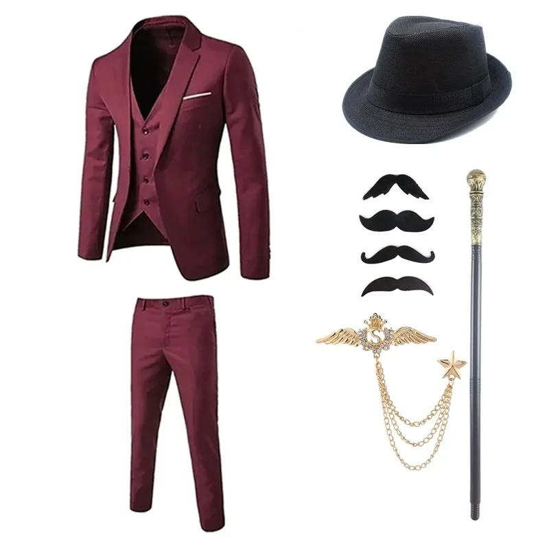 Conjunto de roupas de colete vintage masculino, chapéus monocromáticos, colete Gatsby, pulseiras, laços, anime, década de 1920