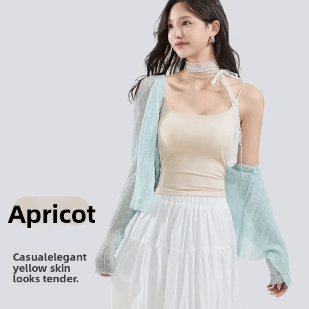 

Элегантный облегающий укороченный топ с подушкой на груди из ледяного шелка без следов, однотонный жилет без рукавов на подтяжках, женский жилет