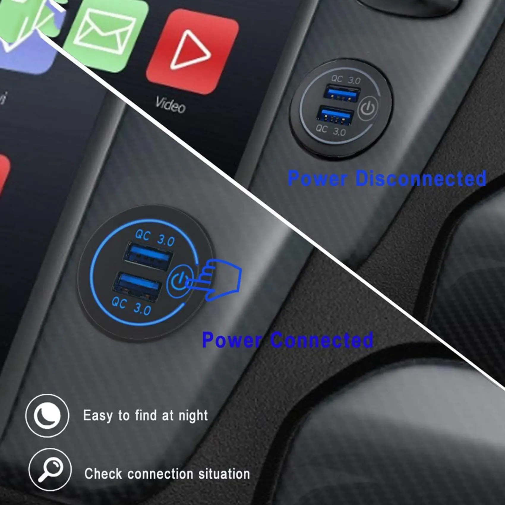 

Автомобильное зарядное устройство M93K-3X Quick Charge 3.0 с двумя USB-портами, 12В, 36Вт, быстрая зарядка, с выключателем, для лодок, мотоциклов, грузовиков, гольф-каров, синее