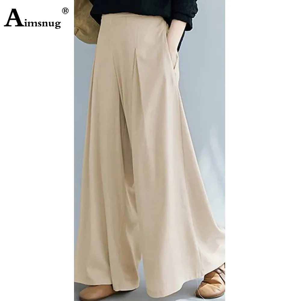 Women Casual Stand Pockets Bloomer Wide Leg Pants Solid Apricot Black Soft Trousers Plus Size Womens Fashion Elastic Waist Pants